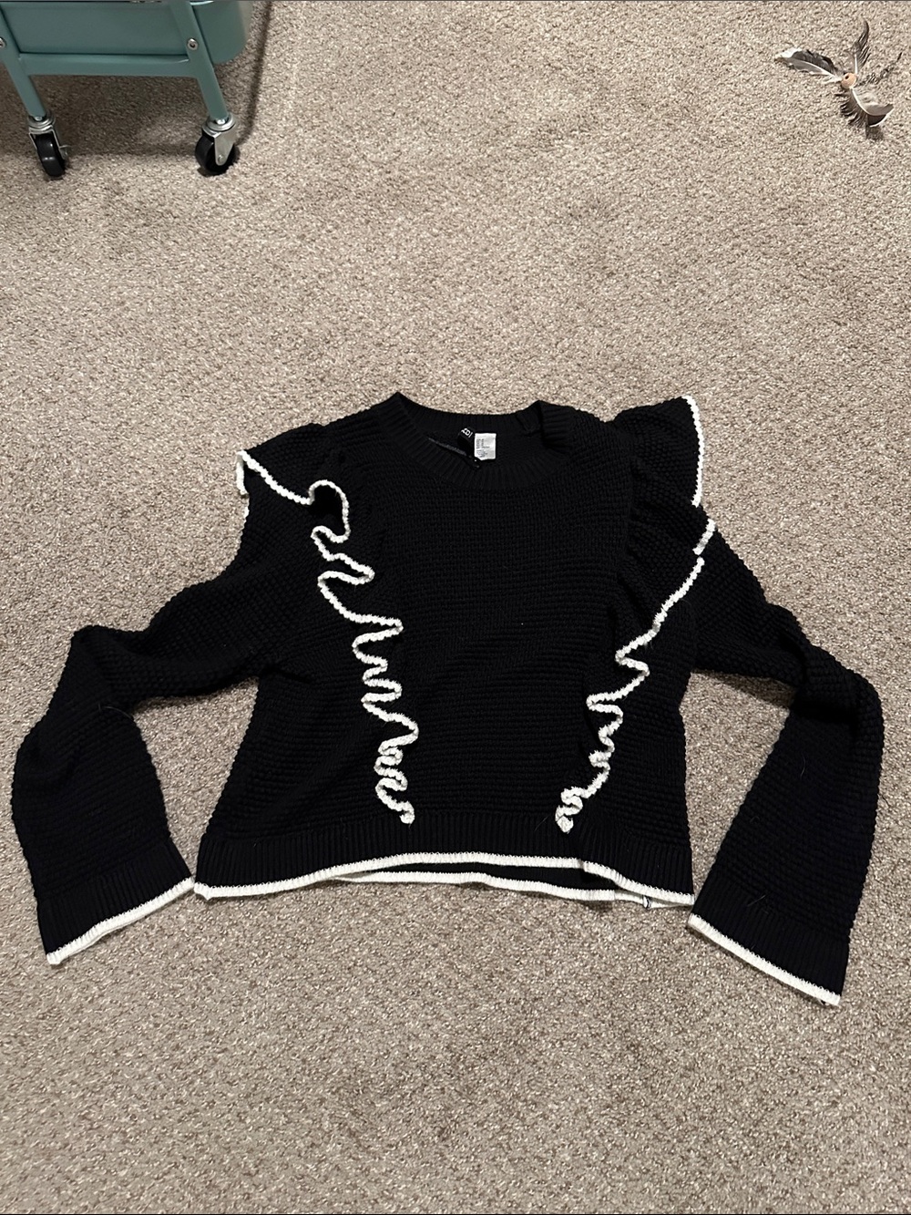H&M Black Knit Sweater with White Ruffle Trim
